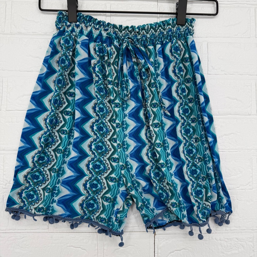 Geometric Print Shorts Womens Small Blue Pom Pom Trim Smocked Waist